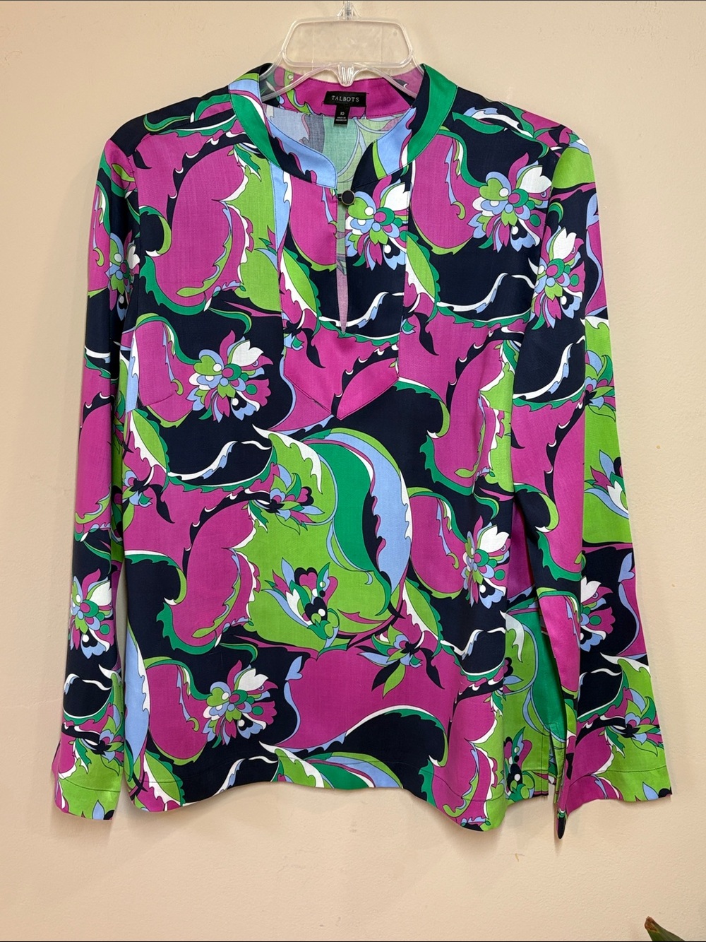 Talbots Navy, Pink & Green Paisley Floral Long-Sleeve Tunic, 10